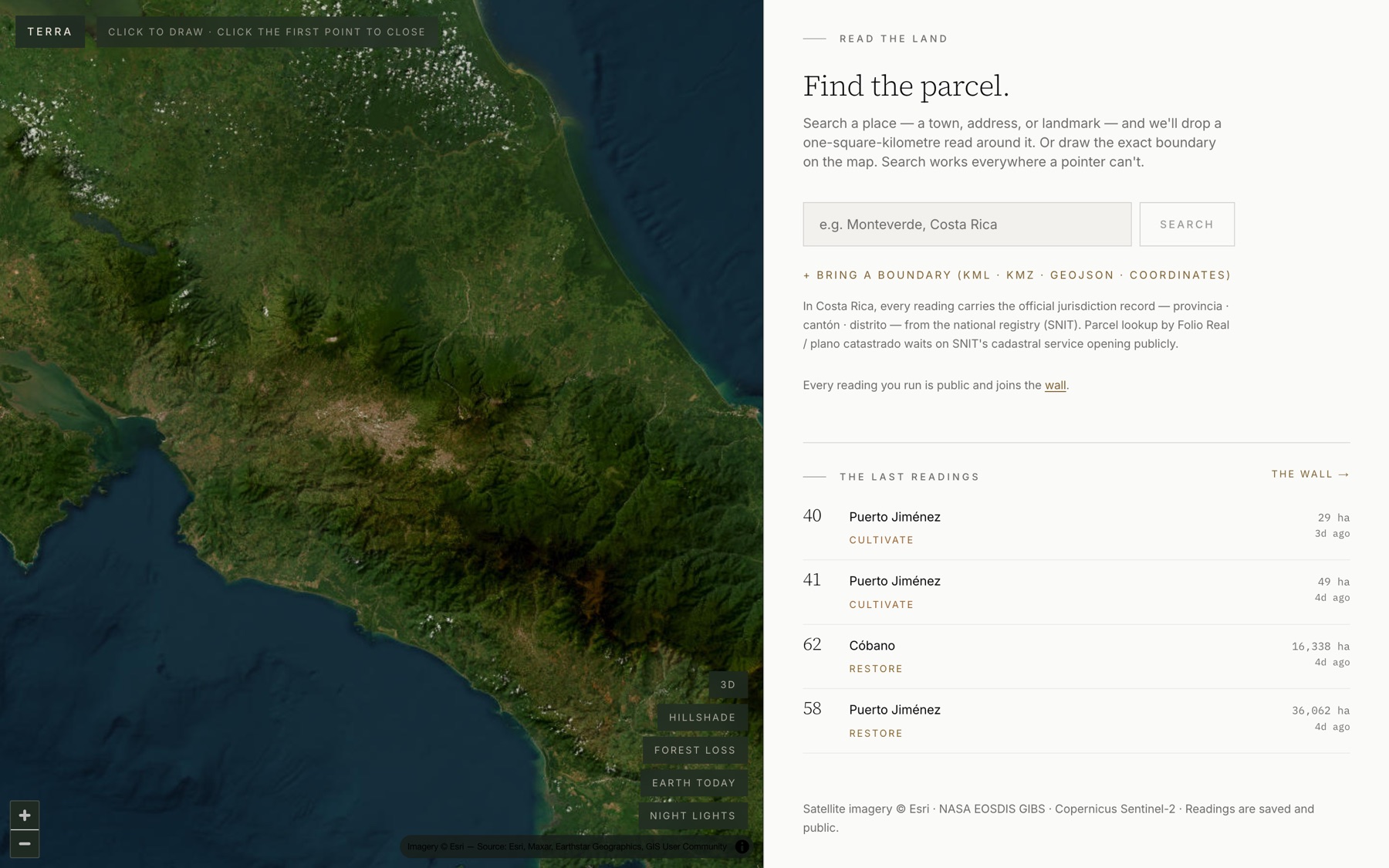 The TERRA engine: a satellite map beside the search panel and the last readings