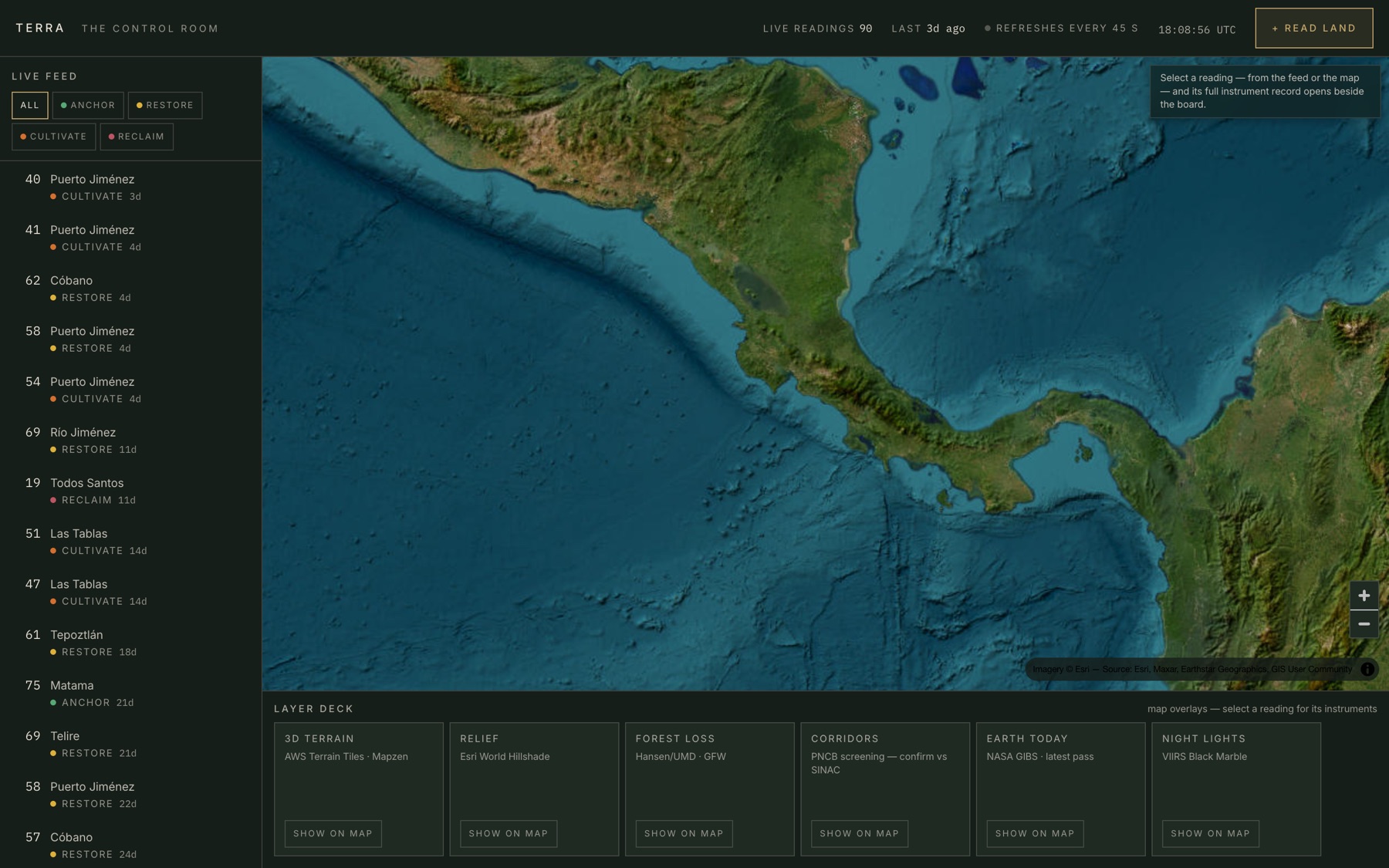 The TERRA control room: dark board with live feed, Central America on the map, and the layer deck